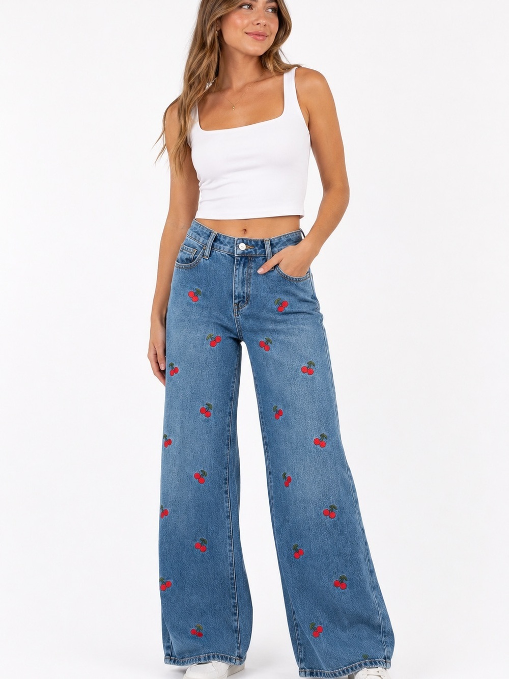Ashley Mason Premium Cherry Embroidered Wide Leg Jeans Size 1/25